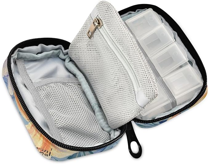 Sweet Lily Flower Oil Blue Travel Pill Organizer Case Box Container Weekly Portable Vitamin Medicine Holder Storage Bag with Zipper Removable
