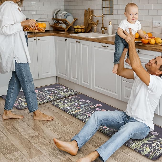 KIMODE Anti Fatigue Kitchen Mat, Farmhouse Floral Kitchen Rugs, Kitchen Floor Mats Non-Slip,Comfort Kitchen Mats for Floor Sink, Laundry, Office, Desk Dark Grey/Purple 17"x47"+17"x29"