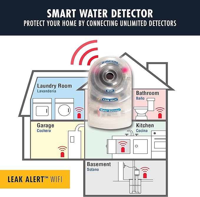 Zircon Leak Alert Wifi - Smart Electronic Water Detector Alarm with Email, Audio & Visual Alerts - Battery Included,White