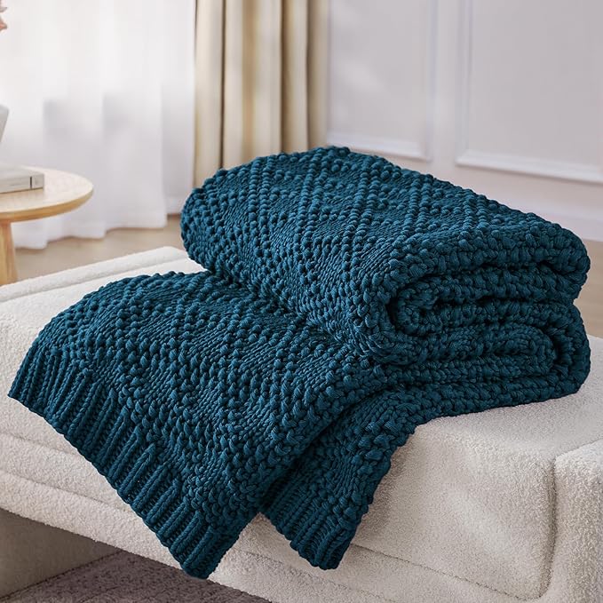 Knitted Weighted Blanket for Adult, Chunky Knit Weighted Throw for Sleep 48"*72" 12lbs, Cooling Breathable Heavy Blanket for Hot Sleepers, Machine Washable Blanket for Room Decor(Peacock)