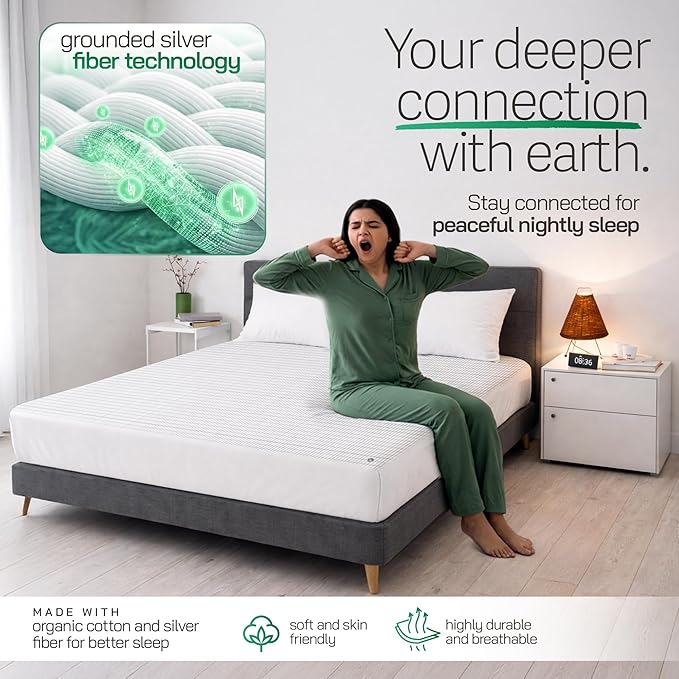 Earthbound Grounding Sheets Queen Size - Improve Sleep and Relax with Our 90% Organic Cotton, 10% Pure Silver Grounded Sheet | Reduce Inflammation w/Well Deep Pocket Grounding Well Bed Sheet - White