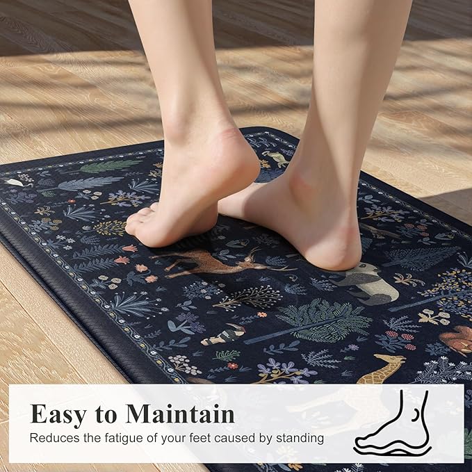 KIMODE Anti Fatigue Mats for Kitchen Floor,Farmhouse Animal Forest Kitchen Rugs Sets of 2 Non Slip,Comfort Cushioned Padded Kitchen Floor Mats for Laundry Sink Office,Dark Blue