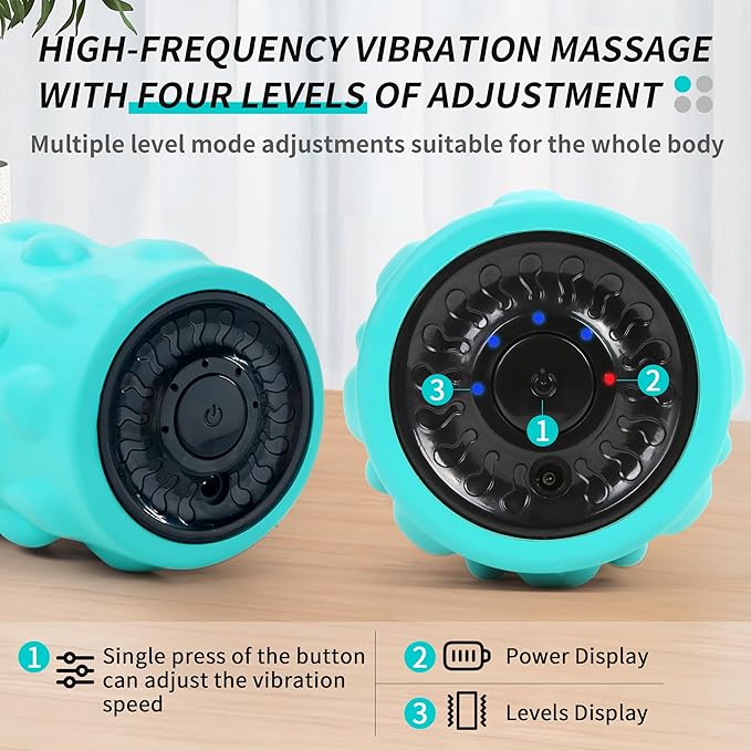 High-Density Vibrating Foam Roller Blue with 4 Customizable Speeds for Deep Tissue Massage, Muscle Recovery and Pain Relief -Rechargeable with Portable Bag