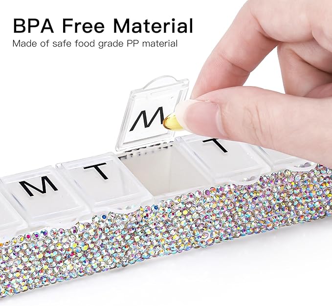 Soleebee Portable Weekly 7 Day Pill Organizer, Bling Crystal Pill Box Case, Travel Pill Planner, Pill Dispenser, Medicine Vitamin Container Organizer (AB)