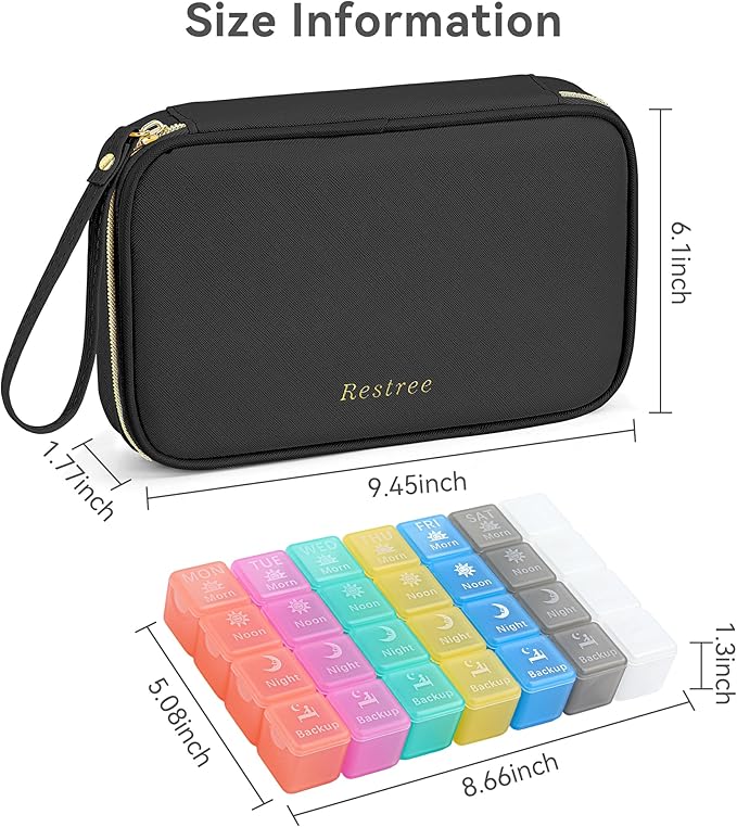 Restree Monthly Pill Organizer 28-Compartment Pill Case, 4 Times Daily Medication Container, Travel-Friendly Pill Box for Vitamins Supplements (Black)