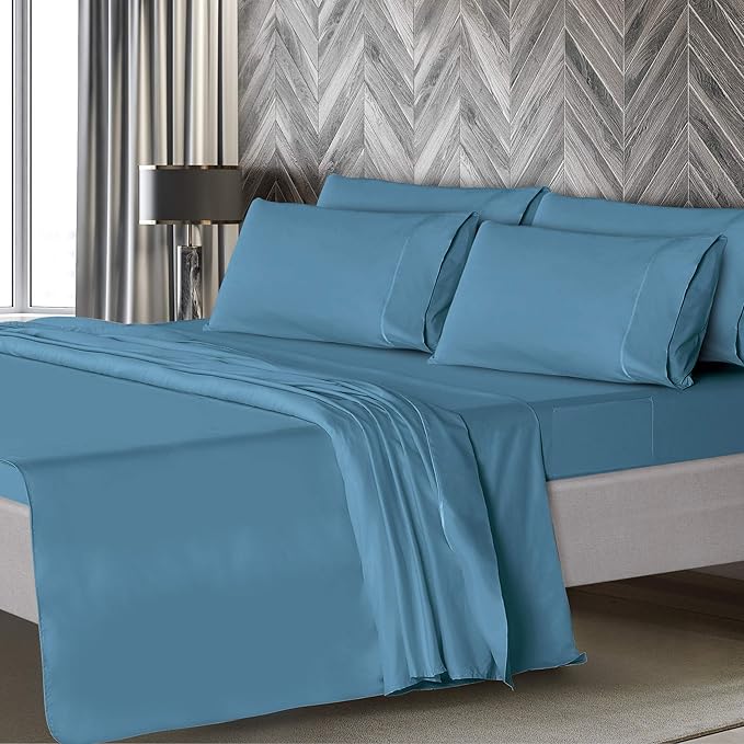 Mueller Luxury 6 PC Full Size Bed Sheets, Super Soft 1800, Deep Pocket up to 16" Full Size Sheets, Transfers Heat, Breathes Better, Hypoallergenic, Wrinkle-Resistant, Oeko-TEX, Denim