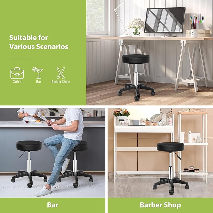 F2C PU Leather Round Salon Stool with Metal 5 Star Base and Wheels, Height Adjustable Hydraulic Bar Swivel Rolling Facial Massage Spa Task Chairs Black