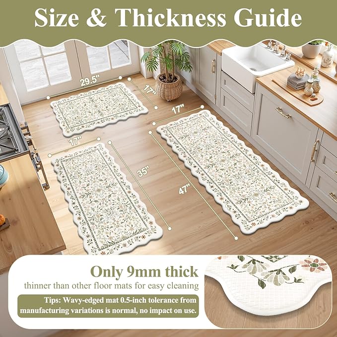 Yamaziot Anti Fatigue Kitchen Rugs Set of 3 - Boho Non Slip Waterproof Kitchen Mats for Floor, Boho Runner Rug for Kitchen Floor, Laundry, Desk, Office, 17.3"x29"+17.3"x35"+17.3"x47", Light Green