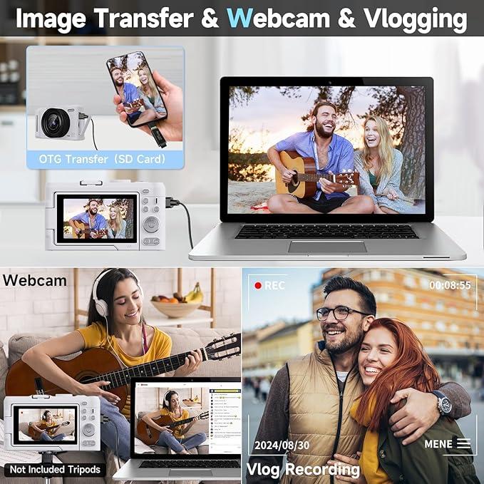 Digital Camera 4K for Photography, 50MP Vlogging Camera for YouTube Video with Flash and 3" 180° Flip Screen, 18X Digital Zoom Compact Travel Cameras with 64GB TF Card for Teens Beginner (White)