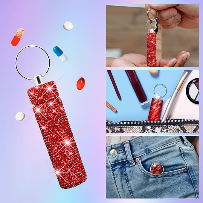 Yuchew Bling Pill Case Pill Container Rhinestone Pill Box Portable Waterproof Pocket Pill Holder Bottle Storage with Keychain for Travel, Outdoor, Camping (Red)