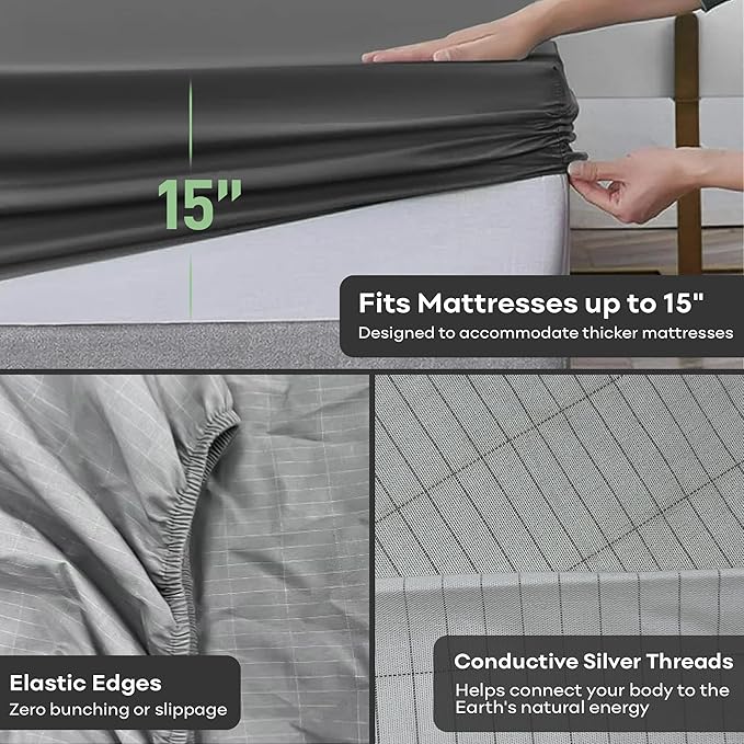 Earthing Grounded Fitted Sheet Queen Size with 10% Silverfiber & 90% Cotton - Gray - Luxury Material Grounding Bed Sheets - Improved Sleep Quality (Queen)