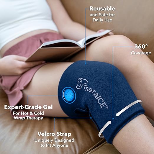TheraICE Knee Ice Pack Wrap Compression ANYSleeve for Injuries, Reusable Gel Cold Packs Brace for Elbow & Calf - Flexible Cold Wrap Recovery for Pain Relief (One Size fits most people & Body parts)