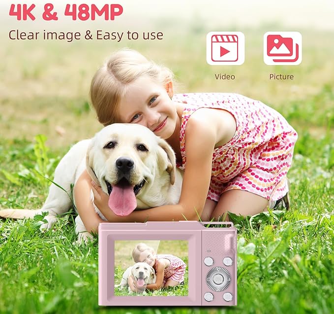 Digital Camera, FHD 4K Digital Point and Shoot Camera with 16X Zoom Anti Shake, 48MP Compact Small Camera with 32GB Card for Boys Girls Kids Fuchsia Purple