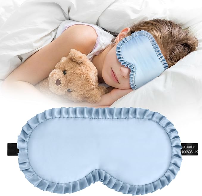Kids Sleep Mask, 100% Real Mulberry Silk Eye Mask, Sleeping Mask for Kids with Adjustable Elastic Band, Soft & Light Blocking Eye Cover Gift for Boys Girls Teens Age 5+ (Blue)