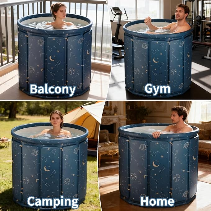 Portable Foldable Hot Cold Bath Tub, Large Portable Hot Cold Bath Tub for Home Outdoors Gyms, Collapsible Soaking Bath Tub for Shower (77Gal) (Blue Planet Insulation Set)