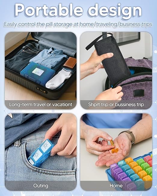 Monthly Pill Organizer 3 Times a Day, FRIWOLE Medicine Box with Portable Weekly Pill Bag, Pill Taker Remover, Pill Cutter and 2 Sticker (Blue, 3 Times a Day)