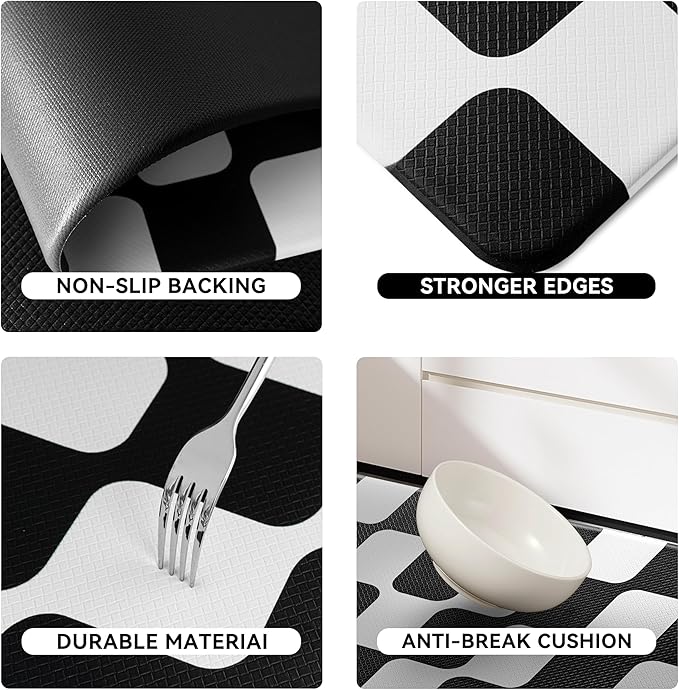 Black Retro Curvy Checkered Grid Checkerboard Kitchen Rug Sets [2 PCs], Anti-Fatigue, Waterproof Non-Slip Kitchen Mats Heavy Duty Ergonomic Comfort Foam Rug for Floor, Home, Laundry,17"x29"+17"x47"