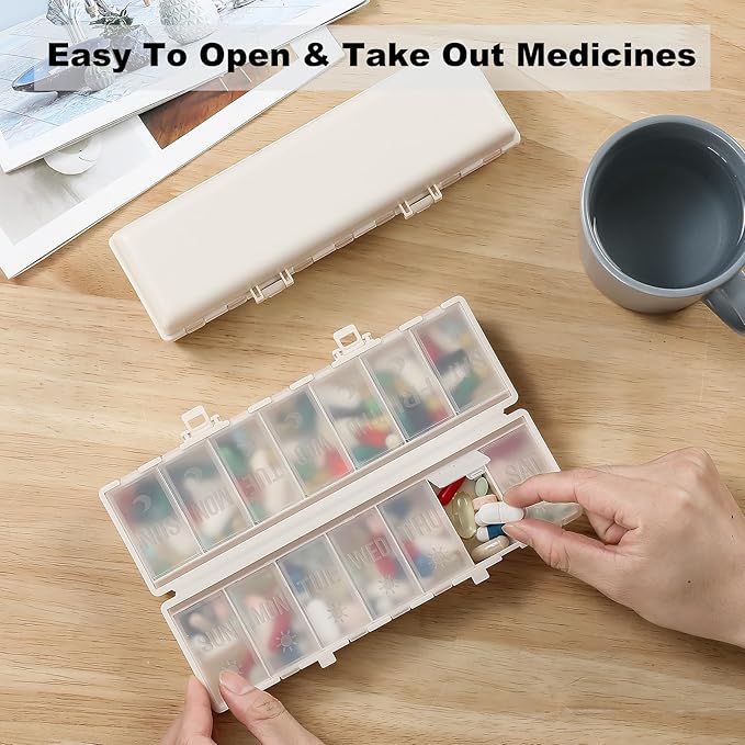 Foldable Pill Organizer 2 Times a Day w/Etched Labels -Dual Protection & Portable Weekly AM PM Pill Box, 7 Day Medicine Container, Large Travel Pill Case for Week Daily Supplement Vitamin - Khaki