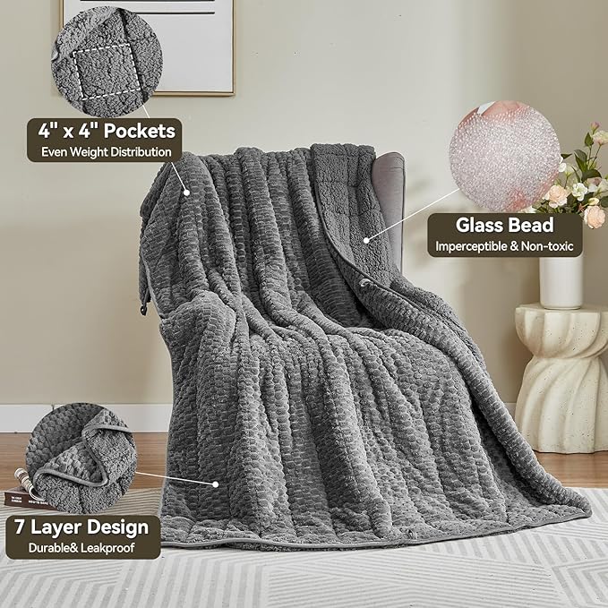 Weighted Blanket 15lbs for Adults, Queen Size Jacquard Sherpa Heavy Blanket for Calming and Relax, Dual Sided Ultra Soft Fuzzy Throw Blanket with Glass Beads, 60 x 80 inches, Dark Grey