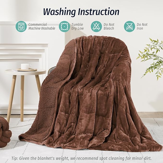 Wemore Sherpa Fleece Weighted Blanket for Adult, 15 lbs Dual Sided Cozy Fluffy Heavy Blanket, Ultra Fuzzy Throw Blanket with Soft Plush Flannel Top, 60 x 80 inches, Coffee Brown on Both Sides