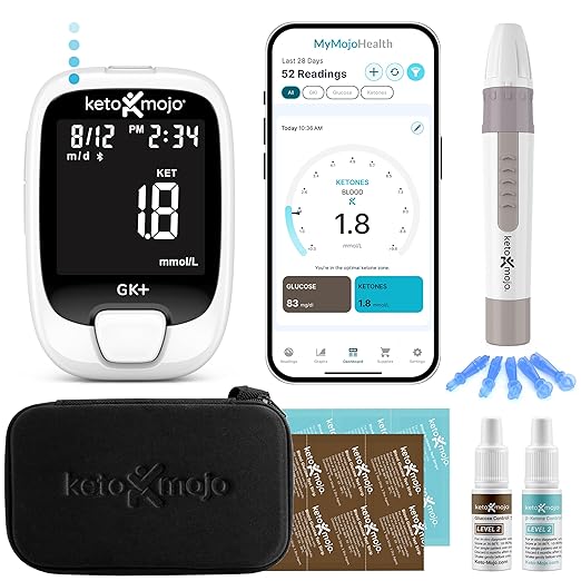 Keto-Mojo GK+ Glucose & Ketone Testing Kit with 140 Test Strips – Advanced Bluetooth Meter with Free App for Ketosis Diabetes & Metabolic Support – Includes 70 Glucose + 70 Ketone Strips