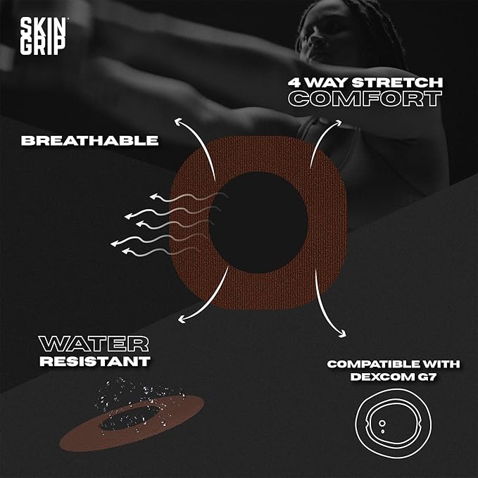 Skin Grip Adhesive Patches Compatible with Dexcom G7 & Stelo CGM with Cutout – Waterproof & Sweatproof Cover for Continuous Glucose Monitor Sensor, Stays Secure for 10-15 Days – 20 Pack, Chocolate
