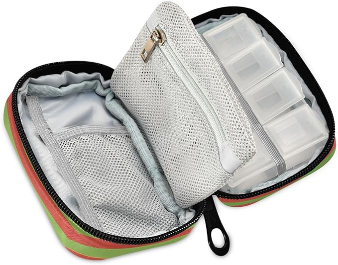 Green Red Stripe Travel Pill Case Bag with Compartments Twill Fabric Organizer with Plastic Inner Box for Medication Vitamins & Supplements