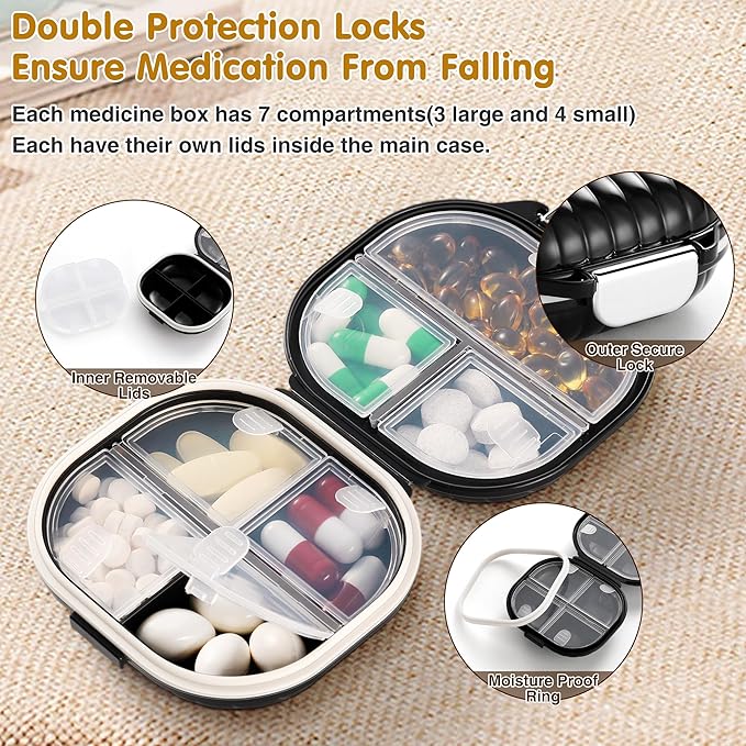 Zannaki Pill Case Portable Small Weekly Travel Pill Organizer, Cute Moisture Proof Pill Box Holder for Purse, Daily Mini Pocket Pharmacy Medicine Container for Vitamin, Fish Oil, Supplement,Black