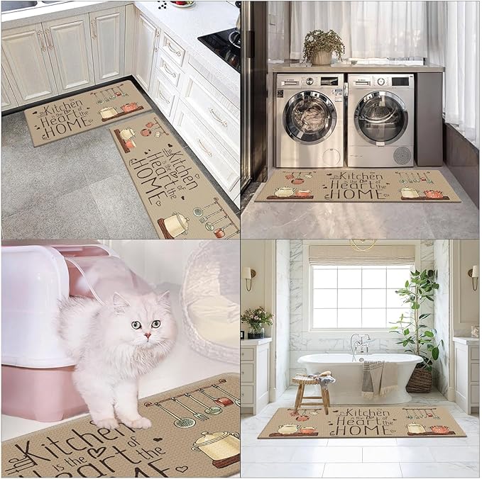 Arttown Farmhouse Anti-Fatigue Kitchen Rug Set of 2 Brown Quotes Cooking Cushioned Floor Standing Mat Waterproof Non-Slip Mat and PVC Ergonomic Comfort Foam Rug