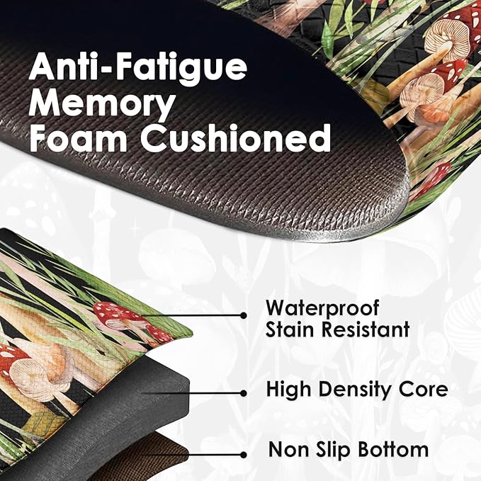 Arttown Black Anti-Fatigue Kitchen Rug Set of 2 Mushroom Floral Red Cushioned Floor Standing Mat Waterproof Non-Slip Mat and PVC Ergonomic Comfort Foam Rug
