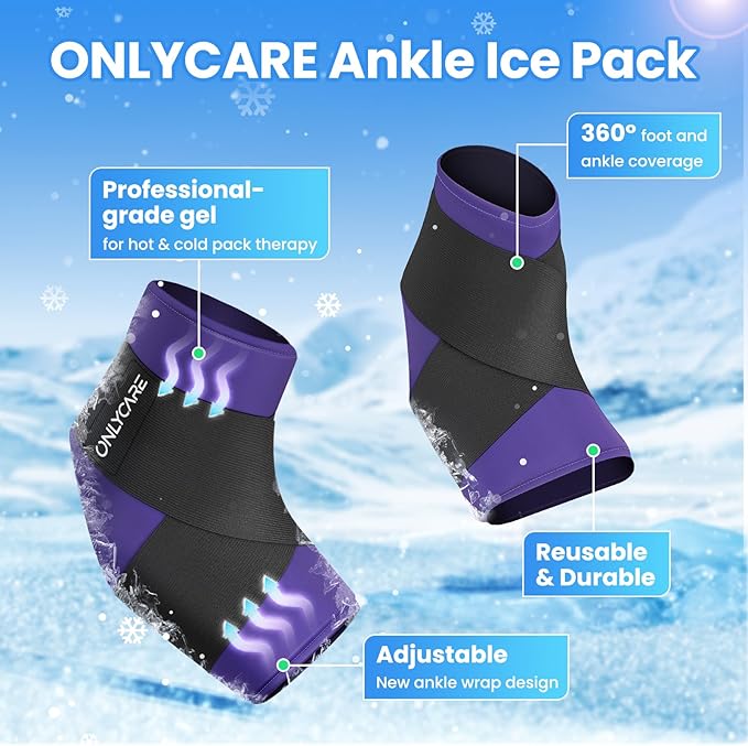 ONLYCARE Ankle Ice Pack Wrap for Swelling, Upgraded Gel Ice Pack Reusable, Hot Cold Therapy, Cold Pack for Sprained Ankle Injuries, Achilles Tendonitis, Plantar Fasciitis, Purple