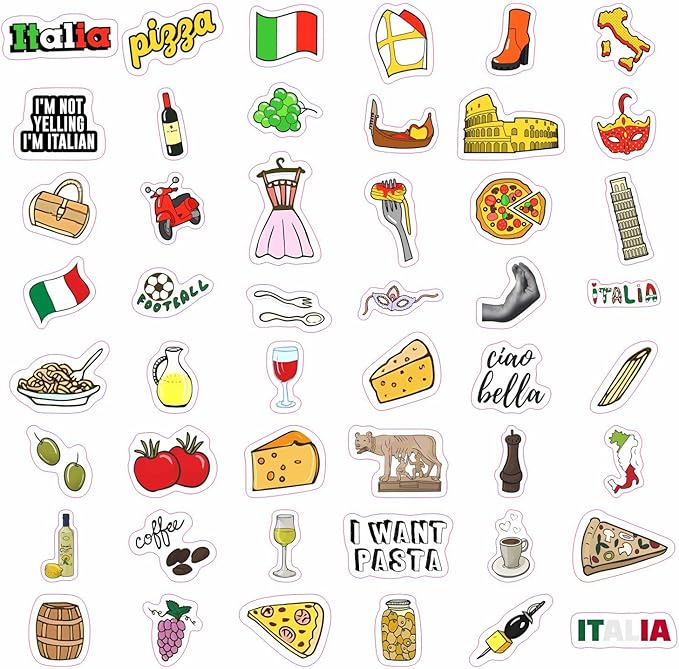 BulbaCraft 100Pcs Italy Stickers for Scrapbooking, Italian Stickers, Rome Decals, Travel Decals for Journal, Scrapbook - Italy Decorations Party Theme, Gifts for Women & Men