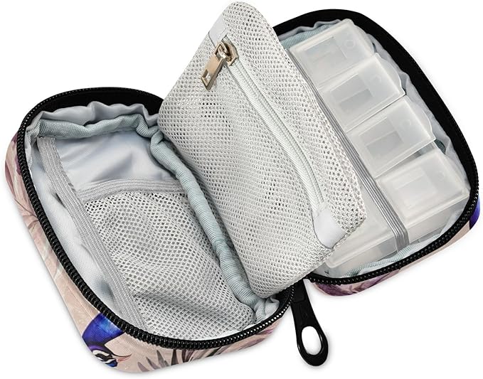 Pink Peacock Tropical Leaf Travel Pill Organizer Case Box Container Weekly Portable Vitamin Medicine Holder Storage Bag with Zipper Removable