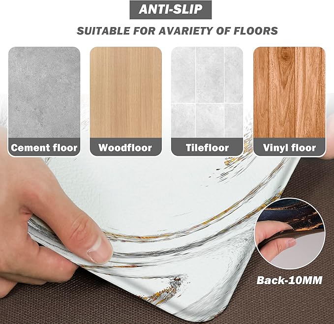 Kitchen Mats for Floor Anti Fatigue Floor White Marble Cushioned Memory Foam Non Slip PVC Leather Padded Comfort Standing Rugs Set of 2, 17.3x28+17.3x47 Inch, 0.4 Inch Thick