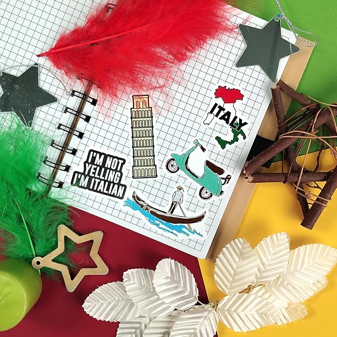 BulbaCraft 100Pcs Italy Stickers for Scrapbooking, Italian Stickers, Rome Decals, Travel Decals for Journal, Scrapbook - Italy Decorations Party Theme, Gifts for Women & Men