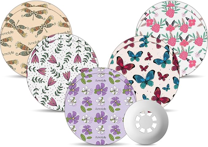 Libre 3 Sensor Covers Waterproof Flowers, Amolyfe 10 Pack Freestyle Libre 3 Plus Covers, Bump-Proof with Hard Cap, Breathable CGM Glucose Sensor Latex Free Patches, 14-Day CGM Protection (Flower)