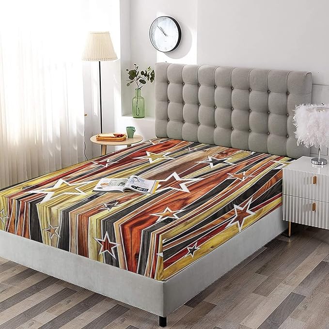 XISUNYA Decorative Bedding Sheet Set Queen Size, Rustic Deep Pockets Fitted Sheet & 2 Pillow Sham Set, Vertical Striped Timber Design with Various Star Figures Print Microfiber 3pc Bed Sheets Set