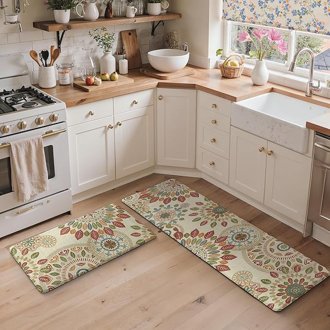 GENIMO Kitchen Mats for Floor 2PCS, Cushioned Kitchen Rugs Non Slip Washable, Farmhouse Anti Fatigue Mat Waterproof, Comfort Standing Mat Rug for Office, Home, Laundry, 17.3"x59"+17.3"x30", Beige&Red