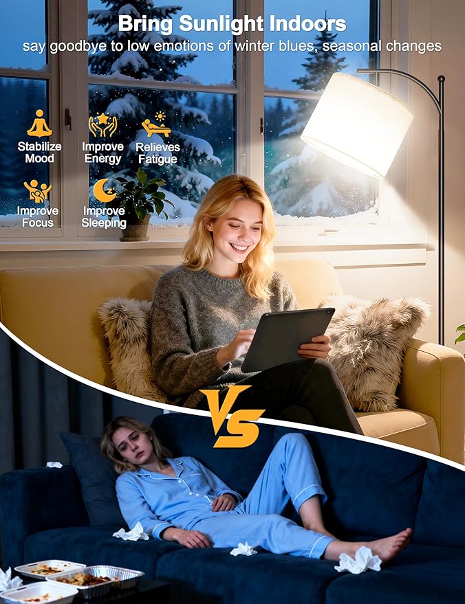 VOLISUN 10000 Lux Light Therapy Lamp, Sunlight Lamp with Magnetic Remote & Foot Switch, Adjustable Color/Brightness/Timer Happy Lamp, Full Spectrum LED Floor Lamp for Bedroom, Office, Reading