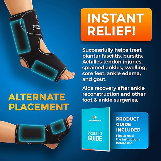 PhysioNatural Foot & Ankle Ice Wrap with 2 Cold Gel Packs – Great for Sprained Ankle, Achilles Tendon Injuries, Plantar Fasciitis, Bursitis & Sore Feet – Cold Therapy Pain Relief (XS-XL)
