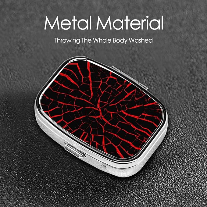 Cracks Red Black Print Square Metal Pill Box with 2 Compartment for Pocket or Purse Travel Bag Small Size 2.2 inche