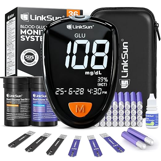 M26-K Blood Glucose & Ketone Testing Kit, 35 Safety Lancets, 25 Glucose Strips, 10 Ketone Strips, Travel Case, Glucose Control Solution, 2-IN-1 Glucose Ketone Meter, Home Use, No Coding, Large Display