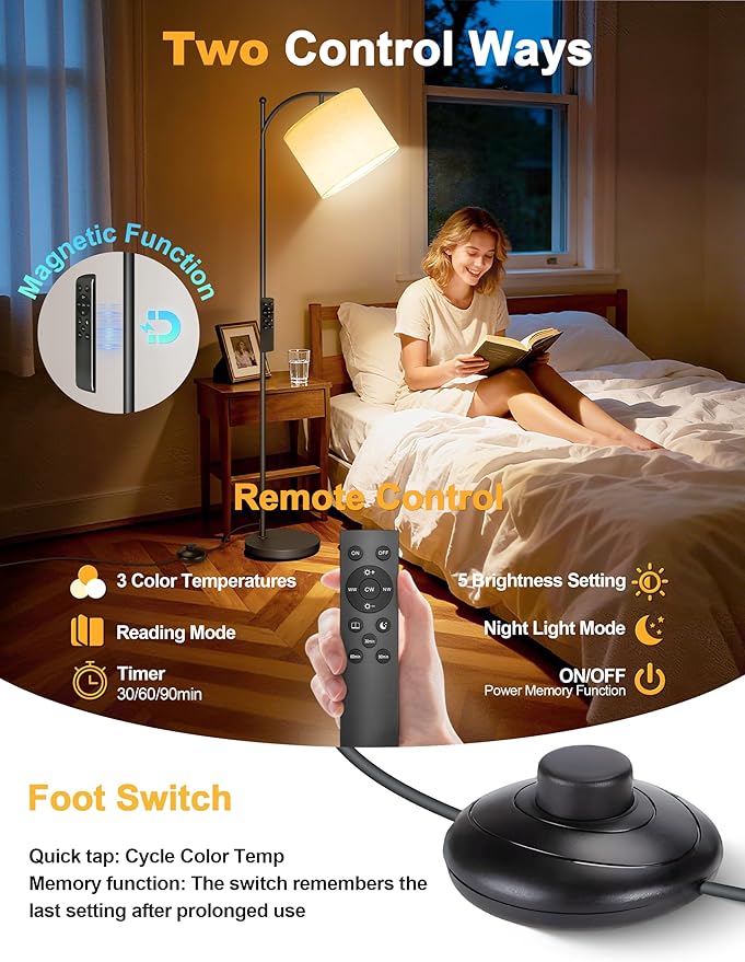 VOLISUN 10000 Lux Light Therapy Lamp, Sunlight Lamp with Magnetic Remote & Foot Switch, Adjustable Color/Brightness/Timer Happy Lamp, Full Spectrum LED Floor Lamp for Bedroom, Office, Reading