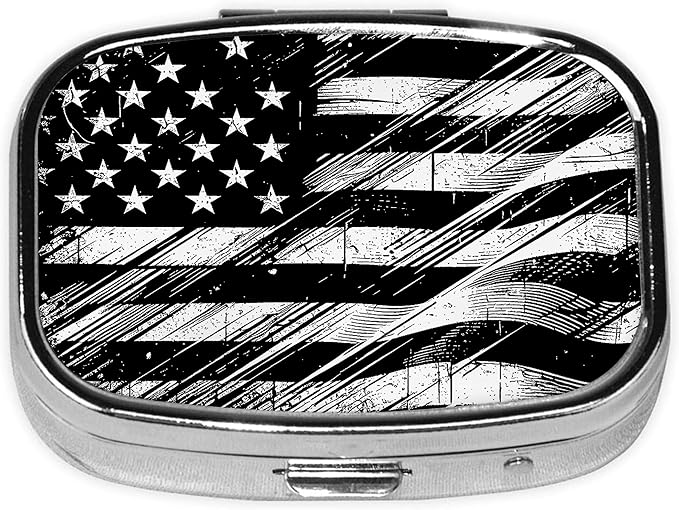 Pill Box-2 Compartment Small Pill Case Square Organizer Case with Mirror Portable Metal Medicine Box Travel Container for Pocket & Purse Women Men（Black USA Flag）