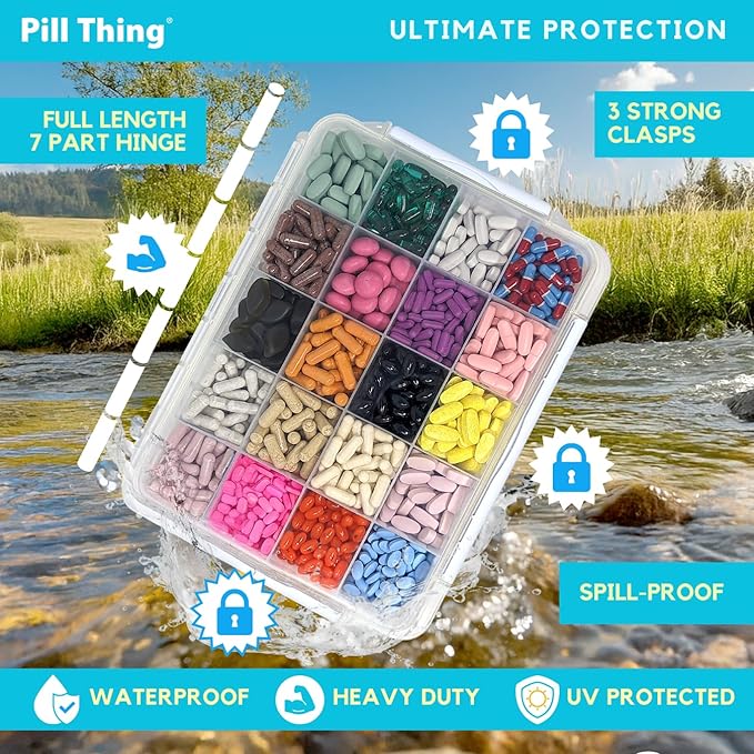 20 Compartment Large Pill Case with Airtight Seal - Silicone Gasket Waterproof Med Box with Medication Map & Medical Alert Card (Clear, 2 Pack)