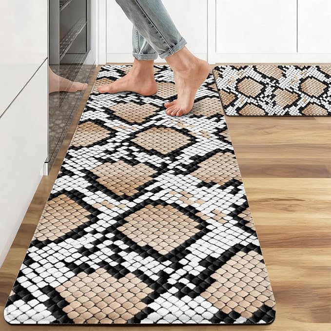 Anti Fatigue Black White Kitchen Rugs Set of 2, Snake Print Kitchen Mats for Floor, Snake Kitchen Decor, Anti-Slip and Anti-Fatigue Foam Standing Mat, 17x30 Inch Sink Mat+17x47 Inch Runner Rug