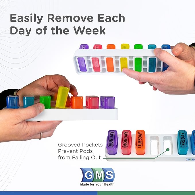 GMS Weekly Pill Organizer - 7 Day Pop Out Pill Pods for Supplements, Vitamins & Medications - Ideal for Daily Use & Travel - Rainbow