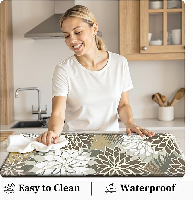 Kitchen Mats for Floor 2PCS Cushioned Anti Fatigue Kitchen Mats Waterproof Non Slip Kitchen Mat Rug Set Comfort Foam Standing Mat for Sink, Laundry, Office, Brown White