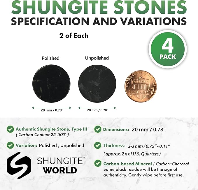 4 pcs Shungite Stickers Set Round 20 mm Polished and Unpolished (2 of Each) for Cell Phone Case Tablet Laptop Computer - Energy Shungite Stones Protection Plate with Carbon Fullerenes