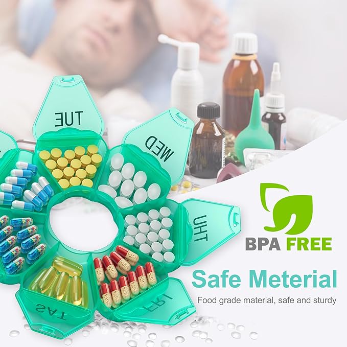 𝐖𝐞𝐞𝐤𝐥𝐲 𝐏𝐢𝐥𝐥 𝐎𝐫𝐠𝐚𝐧𝐢𝐳𝐞𝐫, Thinned and Enlarged 7 Day Pill Organizer, Cute Daily Pill Box with Large Compartment for Travel, Pill Container for Medication, Vitamin, Supplements(Green)
